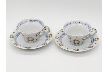 正木春蔵　九谷焼　呉須色絵　染付　愛らしいデザインが魅力のカップ&ソーサー2客セット(花、フラワー、植物、C&S、碗皿、洋食器、裏印)(R-079324)