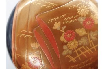 博友作　輪島塗　優美で豪華な棗(菊、花、雲模様、蒔絵、漆器、木製、茶入れ、茶筒、茶道具、茶器、共箱付き)(R-079327)