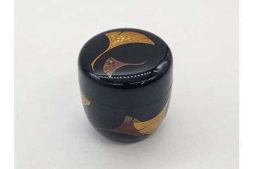 鈴谷鐵五郎　輪島塗　銀杏　繊細な蒔絵に見惚れる棗(いちょう、梨地、漆器、木製、茶入れ、茶筒、茶道具、茶器、共布付き、共箱付き)(R-079428)