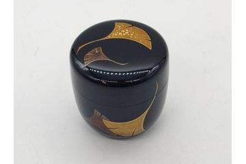 鈴谷鐵五郎　輪島塗　銀杏　繊細な蒔絵に見惚れる棗(いちょう、梨地、漆器、木製、茶入れ、茶筒、茶道具、茶器、共布付き、共箱付き)(R-079428)
