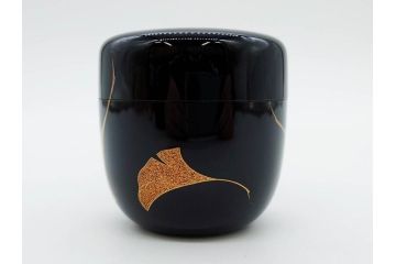 鈴谷鐵五郎　輪島塗　銀杏　繊細な蒔絵に見惚れる棗(いちょう、梨地、漆器、木製、茶入れ、茶筒、茶道具、茶器、共布付き、共箱付き)(R-079428)