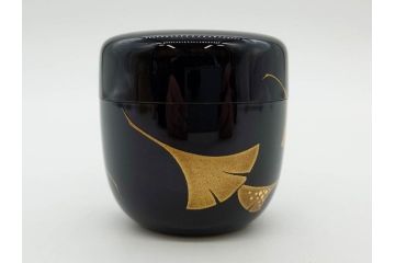 鈴谷鐵五郎　輪島塗　銀杏　繊細な蒔絵に見惚れる棗(いちょう、梨地、漆器、木製、茶入れ、茶筒、茶道具、茶器、共布付き、共箱付き)(R-079428)