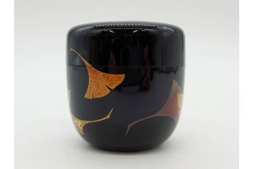 鈴谷鐵五郎　輪島塗　銀杏　繊細な蒔絵に見惚れる棗(いちょう、梨地、漆器、木製、茶入れ、茶筒、茶道具、茶器、共布付き、共箱付き)(R-079428)