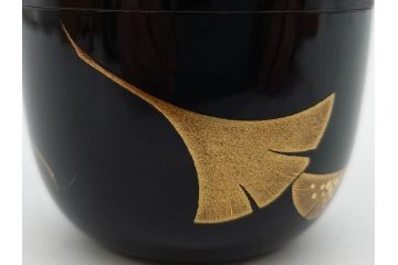 鈴谷鐵五郎　輪島塗　銀杏　繊細な蒔絵に見惚れる棗(いちょう、梨地、漆器、木製、茶入れ、茶筒、茶道具、茶器、共布付き、共箱付き)(R-079428)
