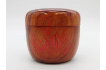 今日主　芦ノ絵　木目が美しい松棗(花押、木製、茶入れ、茶筒、茶道具、茶器、共箱付き)(R-079429)