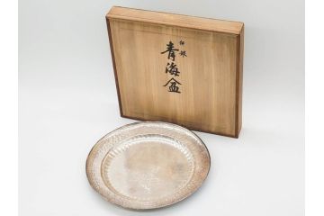 戦前　大阪　尚美堂造　純銀　青海盆　重量 約444g　気品を感じるお盆(トレー、トレイ、丸盆、シルバー、共布付き、共箱付き)(R-079434)