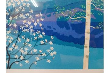 真作　1990年　東山魁夷　「清暁」　限定300部のうち第26番　心が澄み渡るような色彩が美しいリトグラフ(絵画、風景画、山、湖、樹木、花、版画、壁掛け、額装、タトウ箱付き、発行証付き、落款印、共シール、黄袋付き、外箱付き)(R-079454)