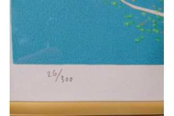 真作　1990年　東山魁夷　「清暁」　限定300部のうち第26番　心が澄み渡るような色彩が美しいリトグラフ(絵画、風景画、山、湖、樹木、花、版画、壁掛け、額装、タトウ箱付き、発行証付き、落款印、共シール、黄袋付き、外箱付き)(R-079454)