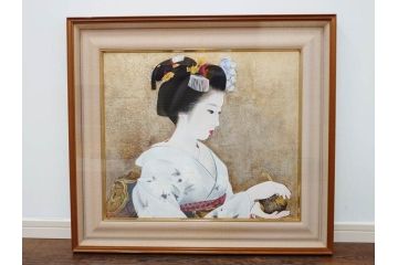 真作　中尾淳　「舞妓」　F10(10号)　絵画(日本画、女性、人物、着物、共シール、サイン付き、落款印、肉筆、額装、共箱付き)(R-079455)