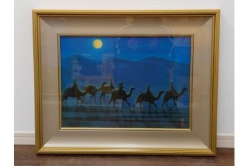 複製画　平山郁夫　「月光流砂行」　限定1200部　112/1200　絵画(日本画、岩絵具方式、複製、砂漠、ラクダ、夜、風景、シルクロード、隊商、キャラバン、額装、落款印、黄袋付き、共箱付き)(R-079456)