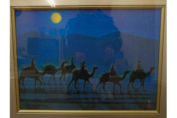 複製画　平山郁夫　「月光流砂行」　限定1200部　112/1200　絵画(日本画、岩絵具方式、複製、砂漠、ラクダ、夜、風景、シルクロード、隊商、キャラバン、額装、落款印、黄袋付き、共箱付き)(R-079456)