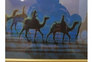 複製画　平山郁夫　「月光流砂行」　限定1200部　112/1200　絵画(日本画、岩絵具方式、複製、砂漠、ラクダ、夜、風景、シルクロード、隊商、キャラバン、額装、落款印、黄袋付き、共箱付き)(R-079456)