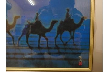 複製画　平山郁夫　「月光流砂行」　限定1200部　112/1200　絵画(日本画、岩絵具方式、複製、砂漠、ラクダ、夜、風景、シルクロード、隊商、キャラバン、額装、落款印、黄袋付き、共箱付き)(R-079456)