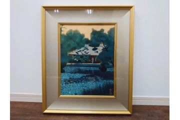 真作　平成5年　平山郁夫　「浄瑠璃寺」　限定・国内版 250部/国際版 100部　150/250　P8(8号)　木版画(アダチ版画、絵画、風景、池、彫師 新實護允、摺師 児島俊弘、額装、落款印、タトウ箱付き、外箱付き)(R-079457)