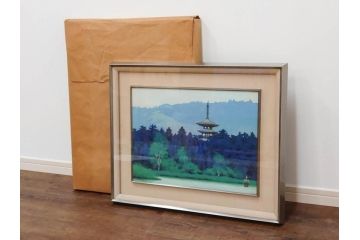 真作　竹内未明　「西ノ京」　P8号(8号)　日本画(絵画、塔、風景、サイン付き、落款印、共シール、岡崎清光堂、肉筆、額装、外箱付き)(R-079458)