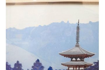 真作　竹内未明　「西ノ京」　P8号(8号)　日本画(絵画、塔、風景、サイン付き、落款印、共シール、岡崎清光堂、肉筆、額装、外箱付き)(R-079458)