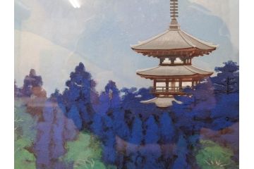 真作　竹内未明　「西ノ京」　P8号(8号)　日本画(絵画、塔、風景、サイン付き、落款印、共シール、岡崎清光堂、肉筆、額装、外箱付き)(R-079458)