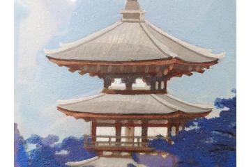 真作　竹内未明　「西ノ京」　P8号(8号)　日本画(絵画、塔、風景、サイン付き、落款印、共シール、岡崎清光堂、肉筆、額装、外箱付き)(R-079458)