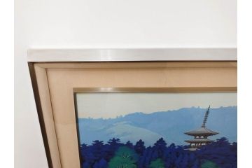 真作　竹内未明　「西ノ京」　P8号(8号)　日本画(絵画、塔、風景、サイン付き、落款印、共シール、岡崎清光堂、肉筆、額装、外箱付き)(R-079458)