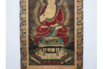 工芸　複製画　神護寺所蔵　国宝　釈迦如来像　第577番　掛軸(第五百七十七番、掛け軸、絹本、仏画、共箱付き、解題、多色コロタイプ印刷、手彩色)(R-079460)　