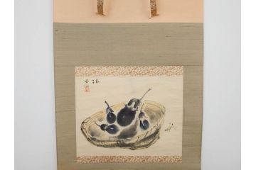 小林五浪　「茄子」　掛軸(掛け軸、なす、野菜、バッタ、飛蝗、昆虫、日本画、共箱付き)(R-079464)