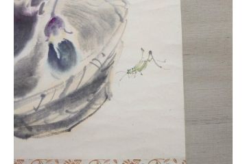 小林五浪　「茄子」　掛軸(掛け軸、なす、野菜、バッタ、飛蝗、昆虫、日本画、共箱付き)(R-079464)