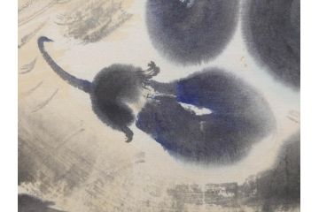 小林五浪　「茄子」　掛軸(掛け軸、なす、野菜、バッタ、飛蝗、昆虫、日本画、共箱付き)(R-079464)