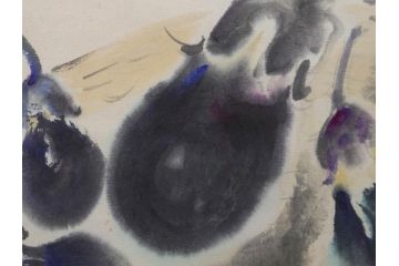 小林五浪　「茄子」　掛軸(掛け軸、なす、野菜、バッタ、飛蝗、昆虫、日本画、共箱付き)(R-079464)