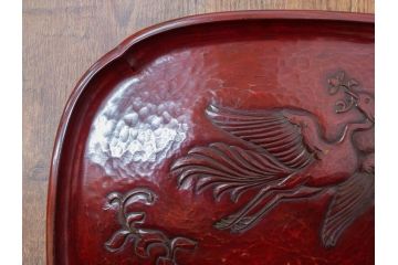 大正〜昭和初期　鎌倉彫　後藤久慶作　木句盆　四方菓子盆　/　博古堂作　長方盆　力強く彫られた味わい深いお盆3点セット(トレイ、トレー、漆器、木製、鳳凰、鳥、花、皿立て付き、共箱付き)(R-079477)