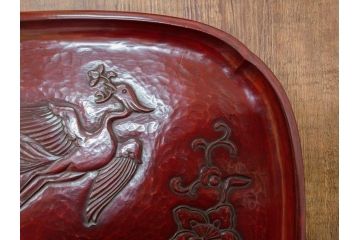 大正〜昭和初期　鎌倉彫　後藤久慶作　木句盆　四方菓子盆　/　博古堂作　長方盆　力強く彫られた味わい深いお盆3点セット(トレイ、トレー、漆器、木製、鳳凰、鳥、花、皿立て付き、共箱付き)(R-079477)