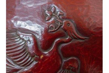 大正〜昭和初期　鎌倉彫　後藤久慶作　木句盆　四方菓子盆　/　博古堂作　長方盆　力強く彫られた味わい深いお盆3点セット(トレイ、トレー、漆器、木製、鳳凰、鳥、花、皿立て付き、共箱付き)(R-079477)