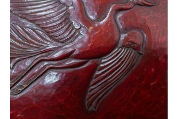 大正〜昭和初期　鎌倉彫　後藤久慶作　木句盆　四方菓子盆　/　博古堂作　長方盆　力強く彫られた味わい深いお盆3点セット(トレイ、トレー、漆器、木製、鳳凰、鳥、花、皿立て付き、共箱付き)(R-079477)