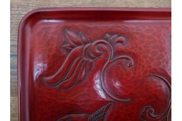 大正〜昭和初期　鎌倉彫　後藤久慶作　木句盆　四方菓子盆　/　博古堂作　長方盆　力強く彫られた味わい深いお盆3点セット(トレイ、トレー、漆器、木製、鳳凰、鳥、花、皿立て付き、共箱付き)(R-079477)