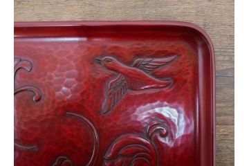 大正〜昭和初期　鎌倉彫　後藤久慶作　木句盆　四方菓子盆　/　博古堂作　長方盆　力強く彫られた味わい深いお盆3点セット(トレイ、トレー、漆器、木製、鳳凰、鳥、花、皿立て付き、共箱付き)(R-079477)
