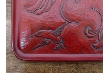 大正〜昭和初期　鎌倉彫　後藤久慶作　木句盆　四方菓子盆　/　博古堂作　長方盆　力強く彫られた味わい深いお盆3点セット(トレイ、トレー、漆器、木製、鳳凰、鳥、花、皿立て付き、共箱付き)(R-079477)