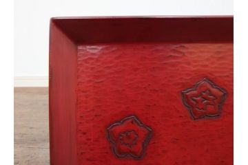 大正〜昭和初期　鎌倉彫　後藤久慶作　木句盆　四方菓子盆　/　博古堂作　長方盆　力強く彫られた味わい深いお盆3点セット(トレイ、トレー、漆器、木製、鳳凰、鳥、花、皿立て付き、共箱付き)(R-079477)