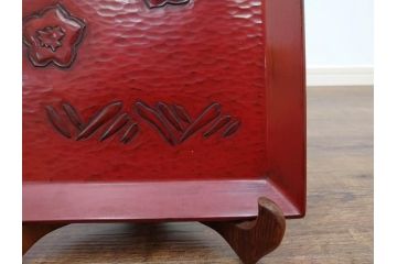大正〜昭和初期　鎌倉彫　後藤久慶作　木句盆　四方菓子盆　/　博古堂作　長方盆　力強く彫られた味わい深いお盆3点セット(トレイ、トレー、漆器、木製、鳳凰、鳥、花、皿立て付き、共箱付き)(R-079477)
