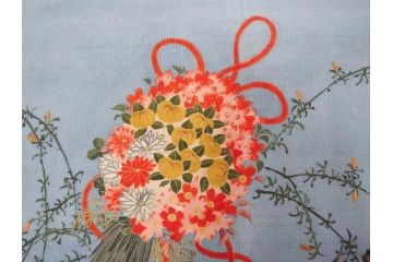 大正〜昭和初期　正絹　色々な用途に応じられる掛袱紗4セット(古布、リメイク、金糸、刺繍、花、菊、和柄、扇、松、ツル、カメ、亀、桐、鳳凰、古裂、服紗、フクサ、ふくさ、帛紗、房付き)(R-079479)