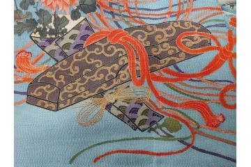 大正〜昭和初期　正絹　色々な用途に応じられる掛袱紗4セット(古布、リメイク、金糸、刺繍、花、菊、和柄、扇、松、ツル、カメ、亀、桐、鳳凰、古裂、服紗、フクサ、ふくさ、帛紗、房付き)(R-079479)