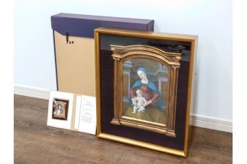 真作　アンティーク　19世紀中頃　フランス　LIMOGES(リモージュ)　「エマイユ 母子文額」　心が癒されるボナー画(陶画、七宝、P.BONNAUD、聖母、親子、キリスト教美術、黄袋付き、外箱付き)(R-079481)