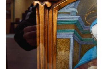 真作　アンティーク　19世紀中頃　フランス　LIMOGES(リモージュ)　「エマイユ 母子文額」　心が癒されるボナー画(陶画、七宝、P.BONNAUD、聖母、親子、キリスト教美術、黄袋付き、外箱付き)(R-079481)