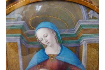 真作　アンティーク　19世紀中頃　フランス　LIMOGES(リモージュ)　「エマイユ 母子文額」　心が癒されるボナー画(陶画、七宝、P.BONNAUD、聖母、親子、キリスト教美術、黄袋付き、外箱付き)(R-079481)
