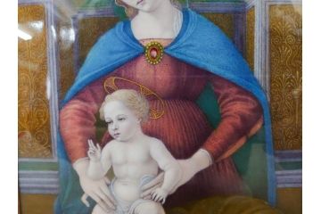 真作　アンティーク　19世紀中頃　フランス　LIMOGES(リモージュ)　「エマイユ 母子文額」　心が癒されるボナー画(陶画、七宝、P.BONNAUD、聖母、親子、キリスト教美術、黄袋付き、外箱付き)(R-079481)