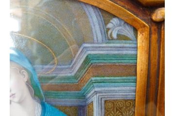 真作　アンティーク　19世紀中頃　フランス　LIMOGES(リモージュ)　「エマイユ 母子文額」　心が癒されるボナー画(陶画、七宝、P.BONNAUD、聖母、親子、キリスト教美術、黄袋付き、外箱付き)(R-079481)