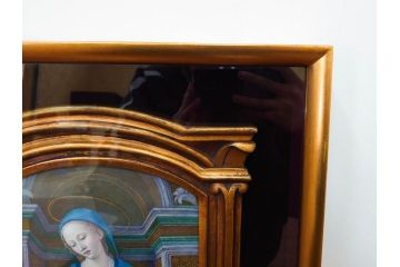 真作　アンティーク　19世紀中頃　フランス　LIMOGES(リモージュ)　「エマイユ 母子文額」　心が癒されるボナー画(陶画、七宝、P.BONNAUD、聖母、親子、キリスト教美術、黄袋付き、外箱付き)(R-079481)