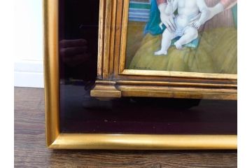 真作　アンティーク　19世紀中頃　フランス　LIMOGES(リモージュ)　「エマイユ 母子文額」　心が癒されるボナー画(陶画、七宝、P.BONNAUD、聖母、親子、キリスト教美術、黄袋付き、外箱付き)(R-079481)