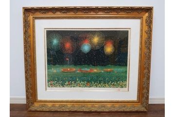 真作　山下清　「長岡の花火」　32/300　緻密なデザインが目を引くリトグラフ(版画、落款印、風景画、壁掛け、額装、外箱付き)(R-079482)　