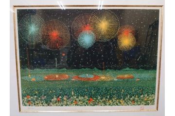 真作　山下清　「長岡の花火」　32/300　緻密なデザインが目を引くリトグラフ(版画、落款印、風景画、壁掛け、額装、外箱付き)(R-079482)　