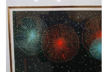 真作　山下清　「長岡の花火」　32/300　緻密なデザインが目を引くリトグラフ(版画、落款印、風景画、壁掛け、額装、外箱付き)(R-079482)　