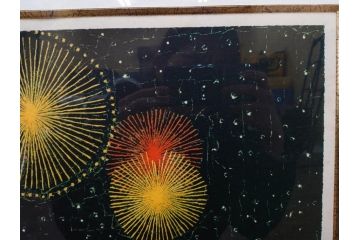 真作　山下清　「長岡の花火」　32/300　緻密なデザインが目を引くリトグラフ(版画、落款印、風景画、壁掛け、額装、外箱付き)(R-079482)　